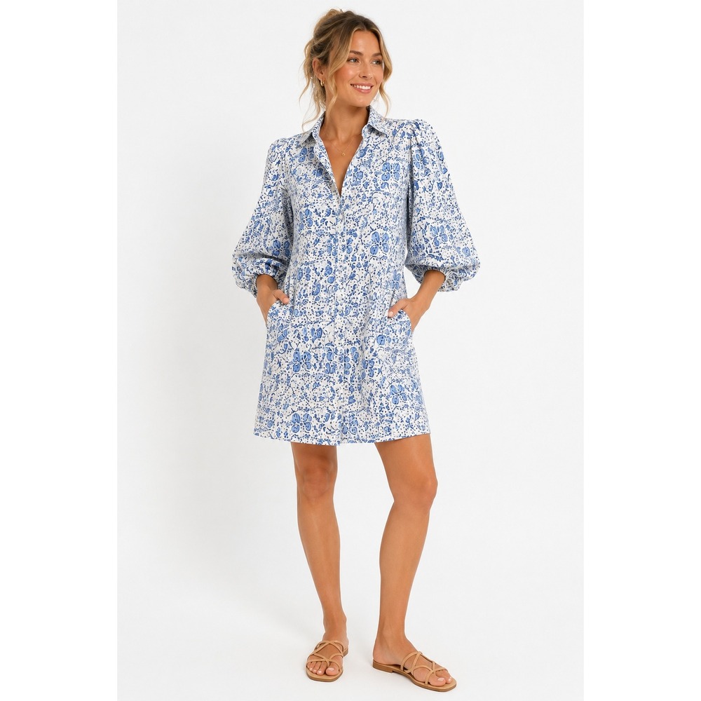 Love The Label Blue White Eyelet Embroidered Shirt Dress Women Small Coastal